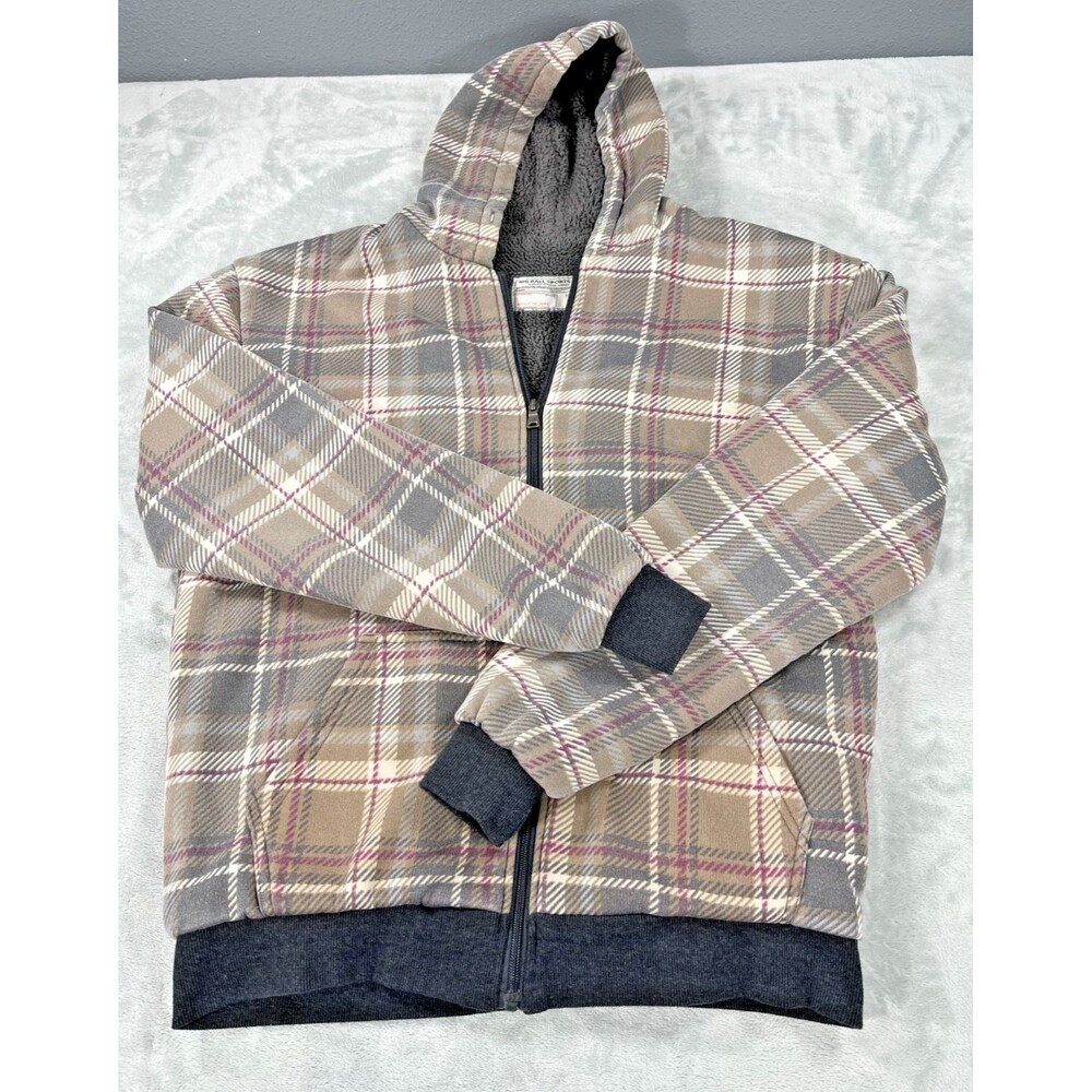 Big Ball Sports Mens L Plaid Sherpa Lined Hoodie Full Zip Jacket Brown